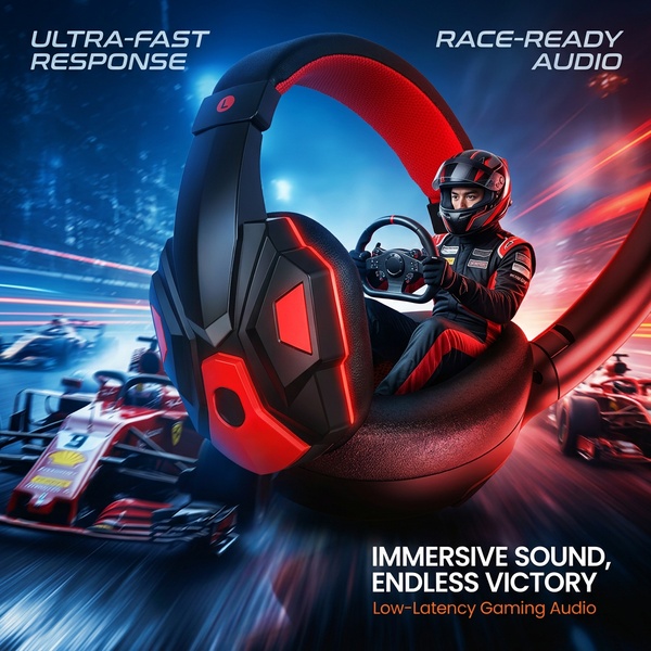 A high-octane gaming headset advertisement featuring a race-car driver theme to emphasize audio speed and immersion.