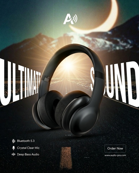 This creative showcases headphones centered on a dark highway road under a crescent moon, emphasizing sound quality and premium design through dramatic lighting.