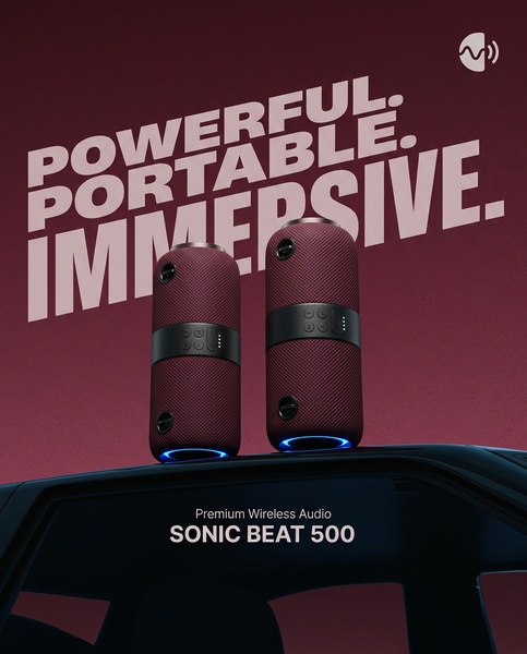 A high-end 4:5 vertical ad creative for the Sonic Beat 500 speaker, featuring a bold, punchy headline over a moody, monochromatic car-roof product shot.