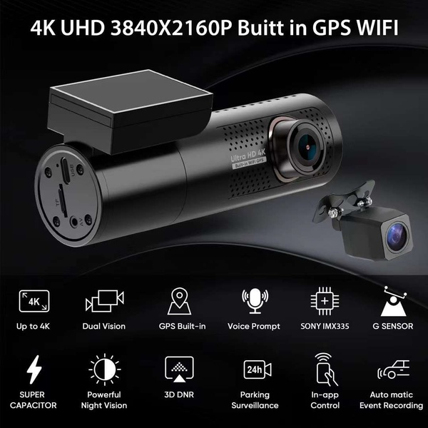 A high-contrast, informative grid creative that showcases key technical specifications and features of a 4K dual-lens dash cam.