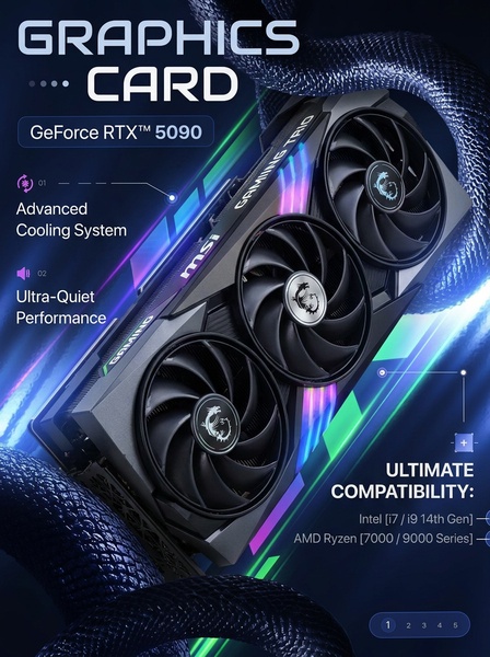 A feature-focused ad highlighting the cooling system and compatibility specs for a modern graphics card.