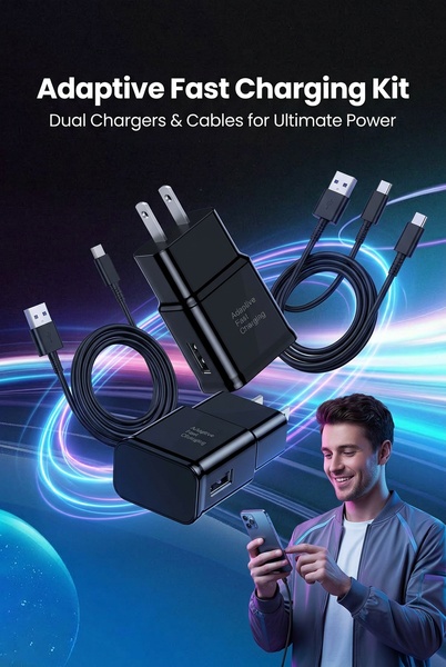 A clean, high-tech product showcase featuring chargers and cables against a dynamic light-streaks background with a satisfied user.