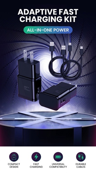 A high-contrast, studio-style product creative featuring the charging kit alongside its core value propositions.