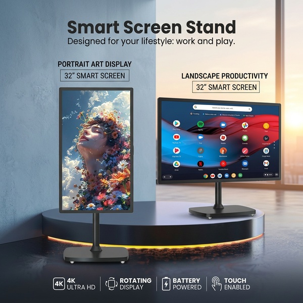 smart screen, portable monitor, screen stand, smart display, rotating monitor, portable screen, adjustable display, product launch, lifestyle, trustworthy, blue, neutral