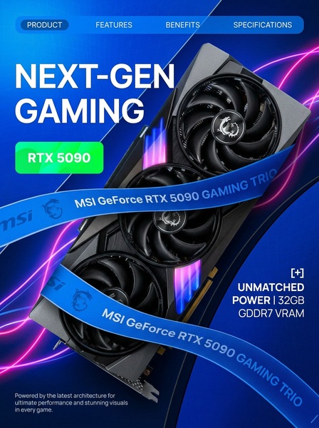 A high-impact, vertically-oriented display ad showcasing a premium graphics card with key technical specifications.