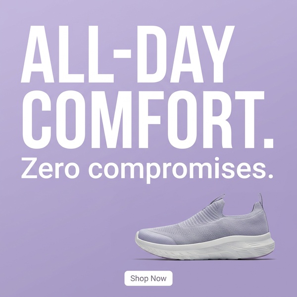 A clean, monochromatic ad layout featuring a single product shot with high-contrast text to emphasize comfort.