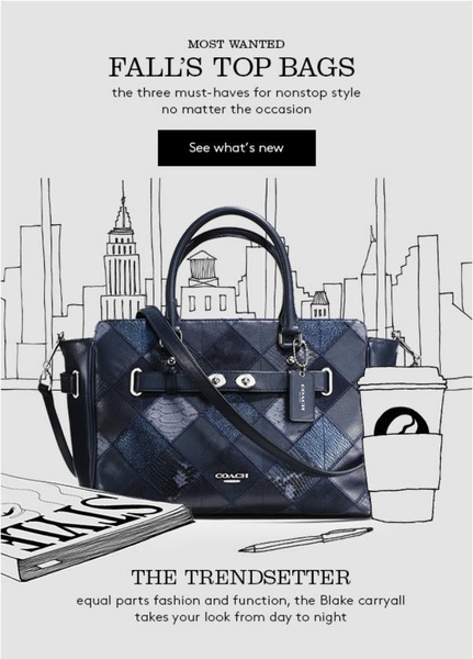 A stylish handbag is centered against a hand-drawn urban sketch background, highlighting seasonal fashion trends and day-to-night versatility.