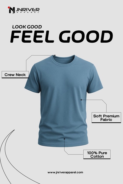 t-shirt, tee, crew neck shirt, short sleeve shirt, cotton shirt, product launch, brand awareness, minimalist, calm, trustworthy, blue, neutral
