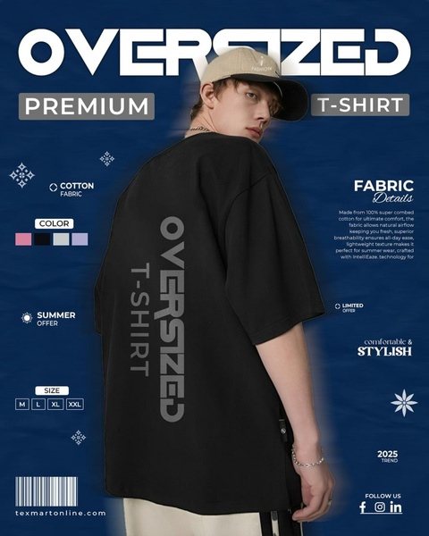 t-shirt, tee, shirt, oversized shirt, cotton shirt, graphic tee, mens shirt, product launch, brand awareness, editorial, modern typography, bold, luxurious, blue, neutral, summer sale