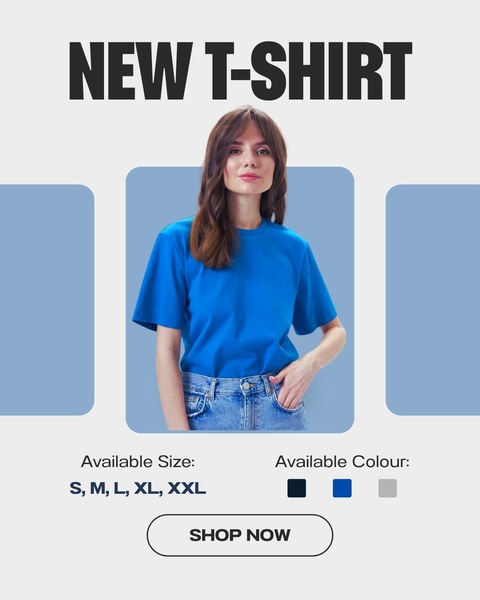 t-shirt, tee, shirt, top, basic tee, cotton shirt, casual shirt, new arrival, product launch, minimalist, modern typography, bold, fresh, blue, neutral