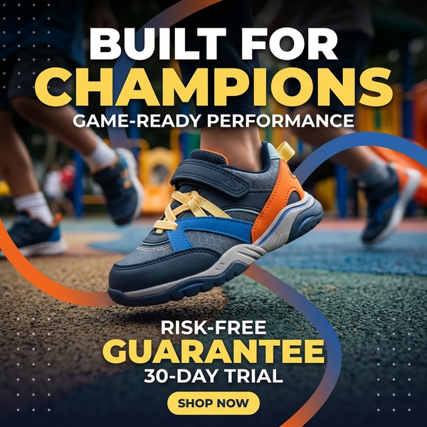 This ad features a high-angle shot of a children's running shoe on a playground surface, emphasizing performance and a clear trial offer.