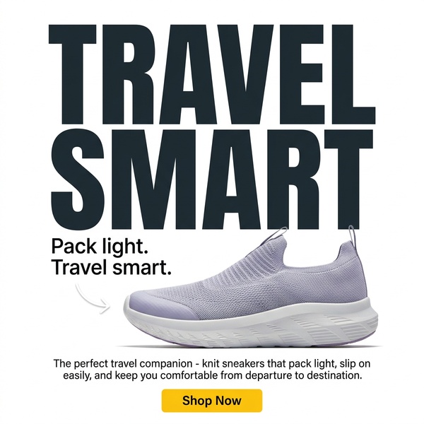 A clean, high-contrast 1:1 square ad showcasing a single knit sneaker with clear value-driven copy targeting frequent travelers.
