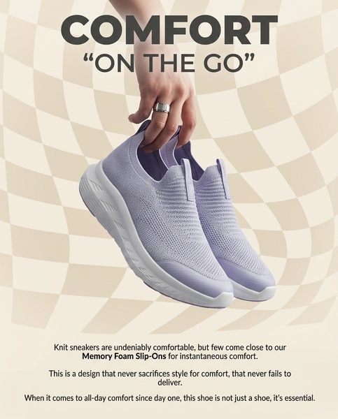 A clean, minimalist product spotlight featuring a light purple knit slip-on sneaker held in hand against a soft, checkerboard-patterned studio backdrop.