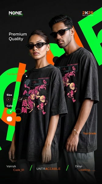 graphic tee, t-shirt, printed shirt, casual top, streetwear tee, oversized shirt, new arrival, product launch, modern typography, bold, energetic, green, orange, black