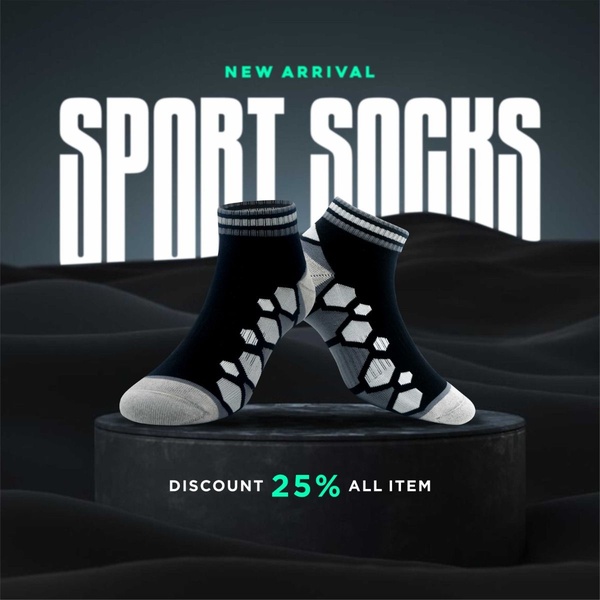 A clean, high-contrast studio shot of athletic socks presented on a pedestal, highlighting a new arrival collection and a site-wide discount.