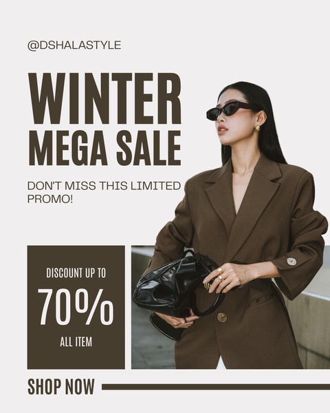 winter sale, seasonal promotion, fashion sale, clothing discount, mega sale, sale promotion, limited time deal, editorial, luxurious, bold, brown, neutral