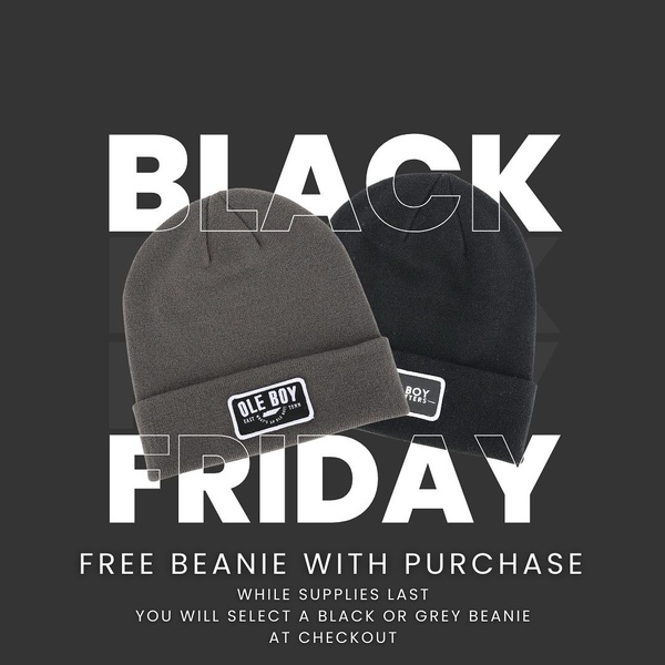 This static square ad uses a high-contrast seasonal offer to highlight a beanie promotion with a clean, centered product focus.