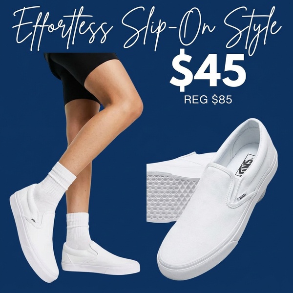 A direct-to-consumer ad featuring a slip-on shoe with a clear price comparison and minimalist blue background.