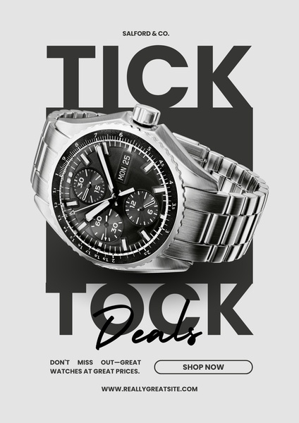 watch, timepiece, chronograph, wristwatch, men's watch, sale promotion, modern typography, bold, neutral, black