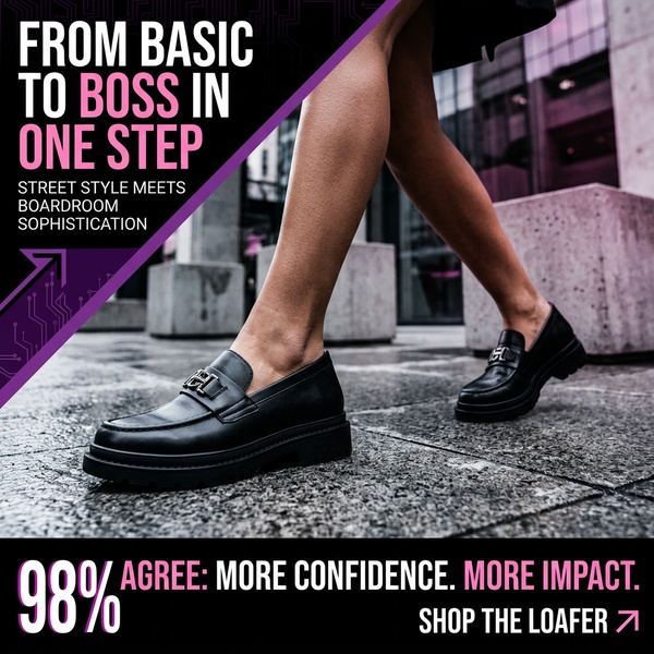 A 1:1 image advertisement featuring a woman walking in black loafers, utilizing social proof statistics to anchor the product as a confidence-boosting wardrobe staple.