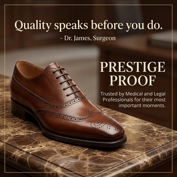 A high-end square ad featuring a premium leather dress shoe on a marble surface with an authoritative testimonial from a professional.