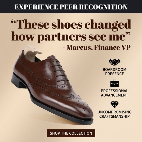 A testimonial-led ad featuring a professional dress shoe, highlighting status and quality through social proof and clear value pillars.