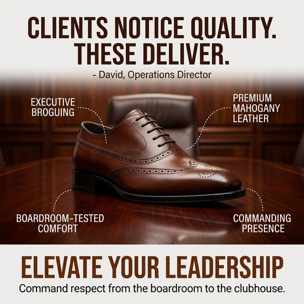 A high-end 1:1 square ad creative highlighting the key value propositions of a leather dress shoe through direct callouts on a premium studio product shot.