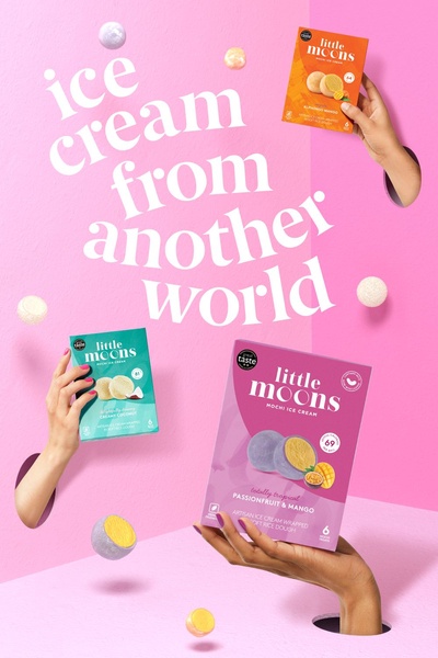 A surreal, minimalist composition featuring floating mochi ice cream boxes being held by disembodied hands against a vibrant pink background.