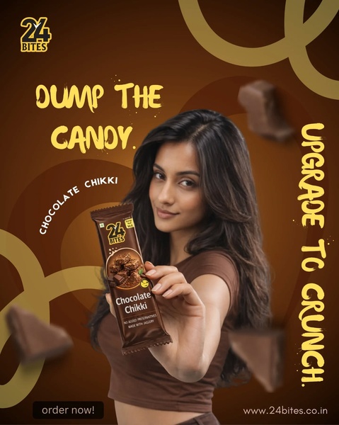 A high-contrast visual featuring a person presenting a branded chocolate chikki bar, positioned against a background of floating chocolate chunks.