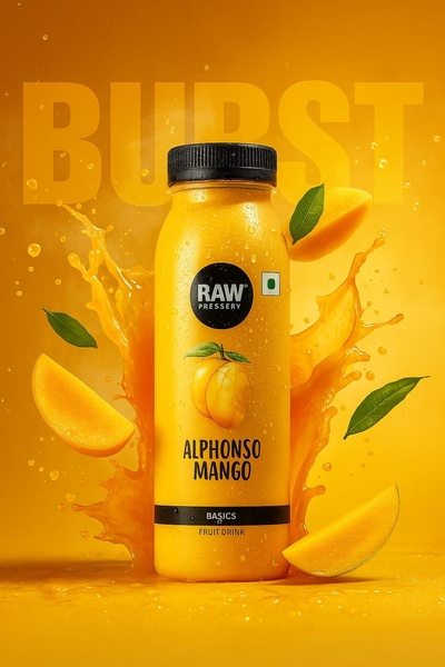 A high-impact product shot featuring a bottle of fruit drink surrounded by floating mango slices and vibrant liquid splashes against a warm yellow background.