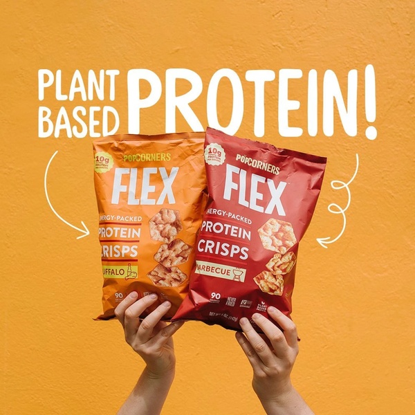 A square-ratio ad featuring two product bags held against a solid yellow background with white typography highlighting the key nutritional benefit.