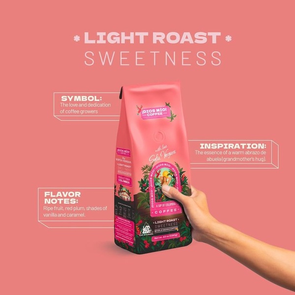 A 1:1 format advertisement for a Coffee Bag product that utilizes clear text callouts to map physical attributes to emotional benefits.