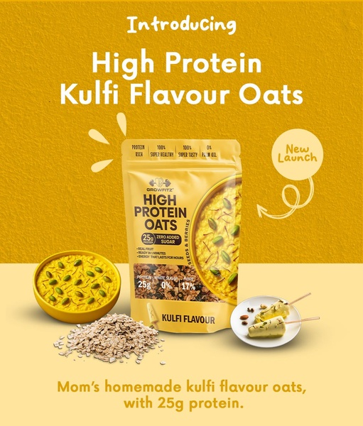 A vibrant, text-heavy product launch ad for kulfi-flavoured high protein oats, emphasizing health benefits and nostalgic taste through warm yellow tones.