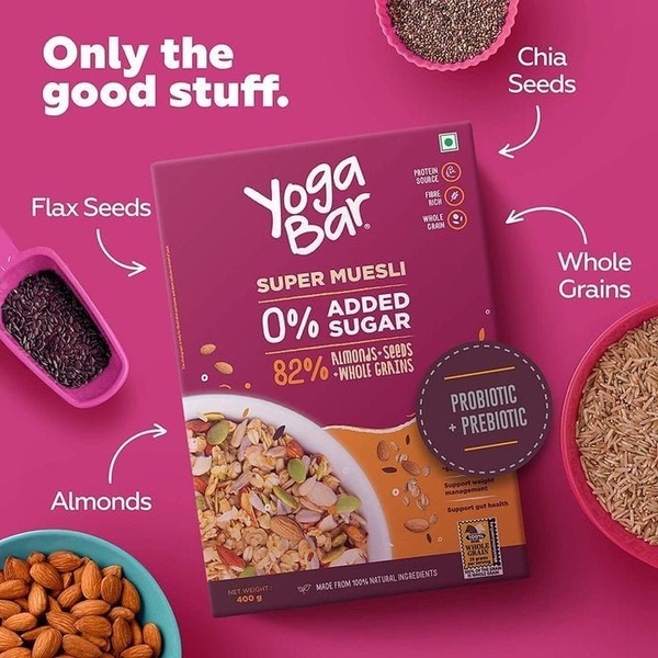 A flat-lay product ad that uses bold directional arrows and color-coded bowls to highlight the raw, natural ingredients and nutritional benefits of the muesli.