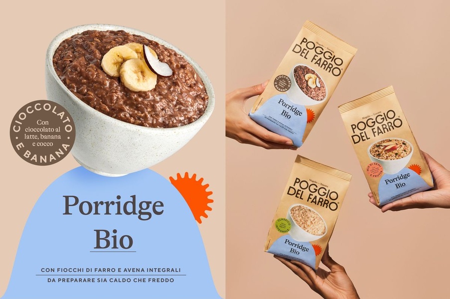 A split-screen creative showcasing a bowl of prepared porridge alongside a hand holding three different flavor variations of the product.