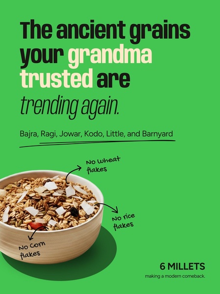 A minimalist, high-contrast ad featuring a bowl of millet breakfast cereal with clear call-outs for grain-free benefits.