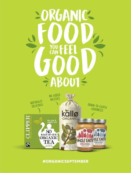 A minimalist, high-contrast ad featuring a selection of organic food products set against a vibrant green background, emphasizing healthy ingredients.