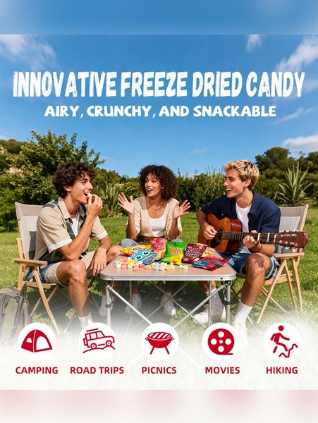 freeze dried candy, crunchy candy, airy candy, dried sweets, freeze dried snacks, novelty candy, textured candy, product launch, brand awareness, outdoor, lifestyle, playful, fresh, blue, green
