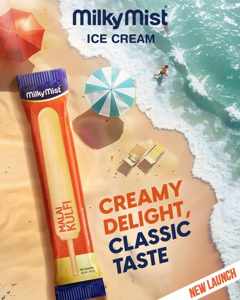 A high-contrast visual featuring a Malai Kulfi popsicle on a beach setting to evoke summer refreshment and cooling product benefits.