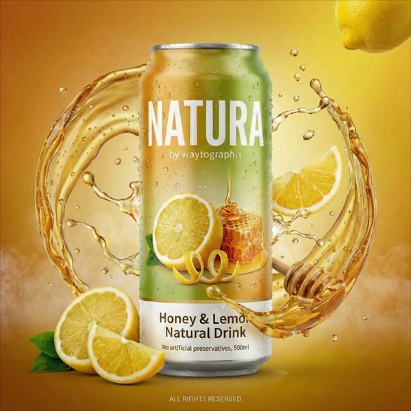 A high-fidelity product showcase featuring a natural drink can surrounded by dynamic honey and lemon splashes, emphasizing fresh ingredients.