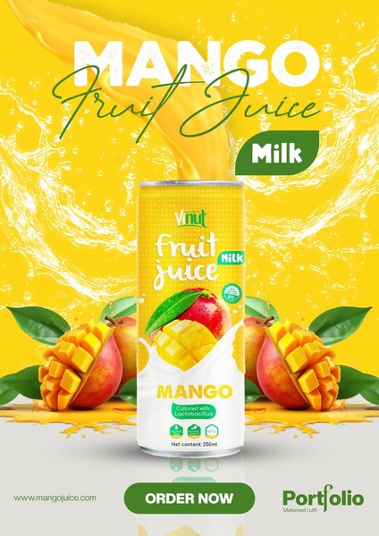 A high-energy product creative featuring a mango fruit juice can centered amidst dynamic splashes, sliced mango pieces, and fresh leaves.