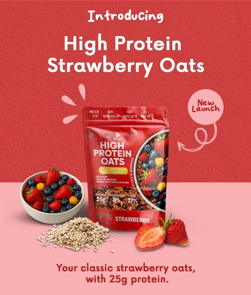 This creative showcases a new high-protein strawberry oats product using clean product photography, clear nutritional call-outs, and a punchy value proposition.