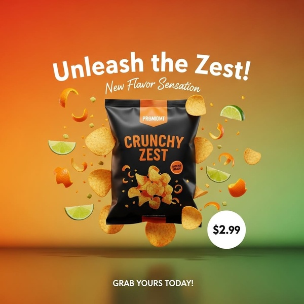 A 1:1 ratio product-focused advertisement featuring a bag of 'Crunchy Zest' chips surrounded by floating lime and orange slices.