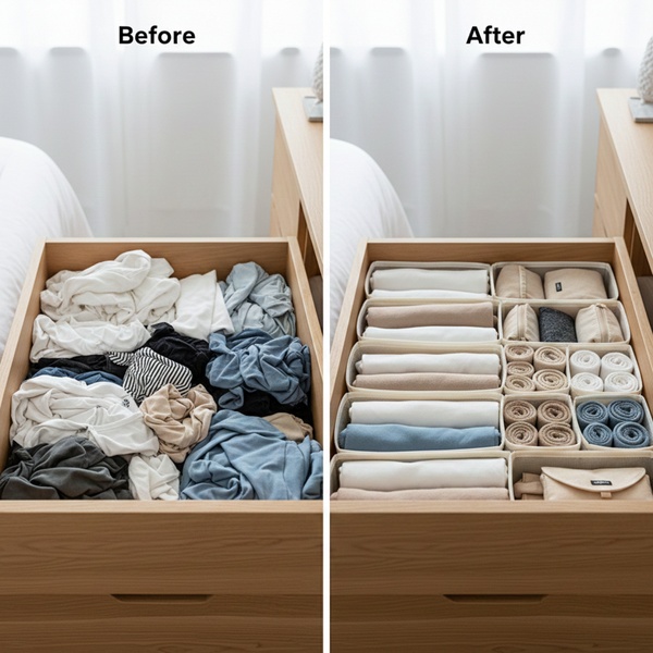 drawer organizers, closet organizers, storage dividers, clothing organizers, drawer dividers, social proof, lifestyle, calm, trustworthy, neutral, brown