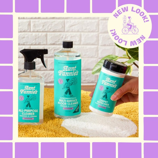 A high-contrast, clean 1:1 square creative showcasing three cleaning products on a kitchen-themed set with a New Look badge overlay.