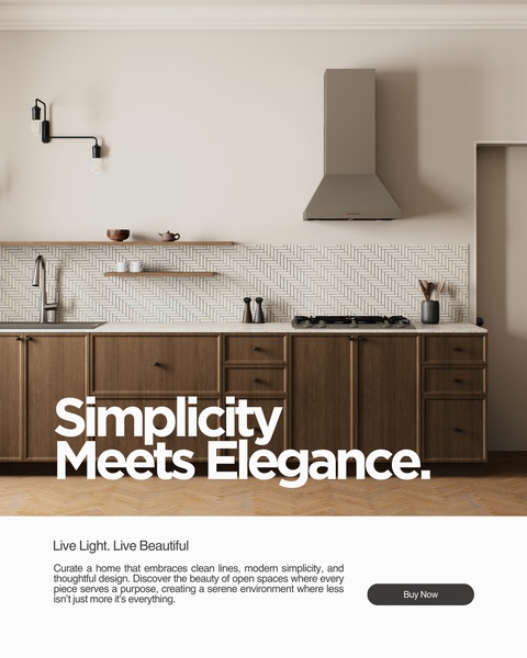 A high-end kitchen range hood advertisement utilizing clean, minimalist photography and aspirational copy to target homeowners seeking modern upgrades.