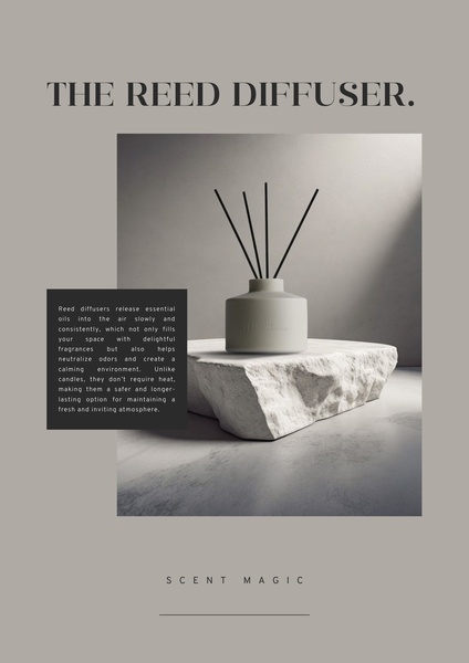 reed diffuser, home fragrance, room scent, air freshener, aromatherapy diffuser, product launch, minimalist, editorial, calm, luxurious, neutral