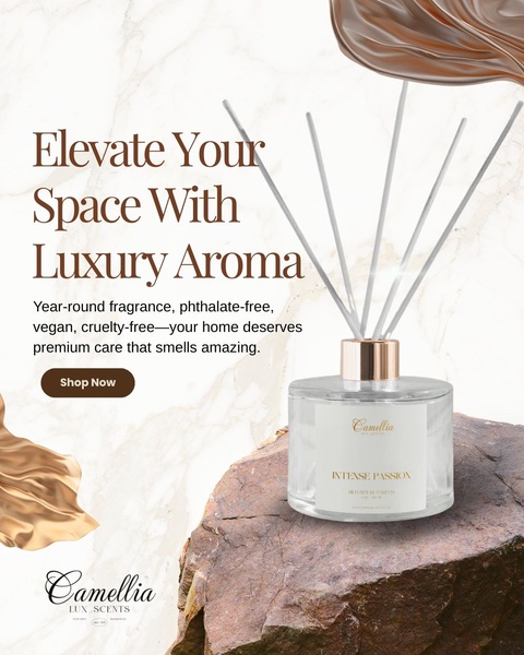 reed diffuser, home fragrance, room scent, aroma diffuser, fragrance sticks, scent diffuser, home perfume, brand awareness, product launch, lifestyle, editorial, luxurious, calm, neutral, brown