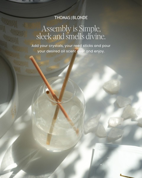 reed diffuser, home fragrance, scent diffuser, aromatherapy diffuser, oil diffuser, product launch, minimalist, calm, luxurious, neutral, gold