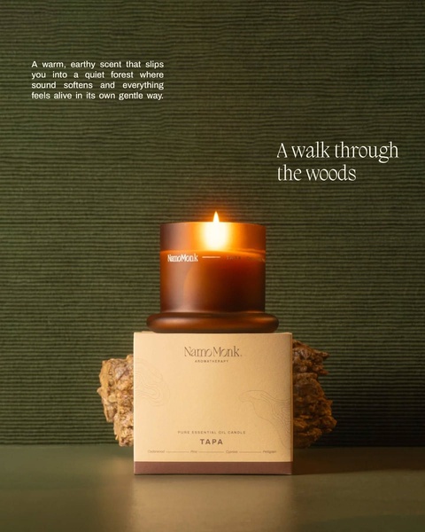 candle, scented candle, aromatherapy candle, essential oil candle, home fragrance, brand awareness, lifestyle, calm, warm, green, brown